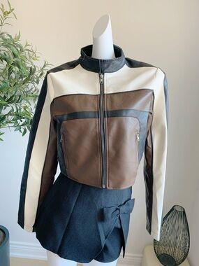 Windsor Cropped Moto Jacket Colorblock Brown White Black S NWT
